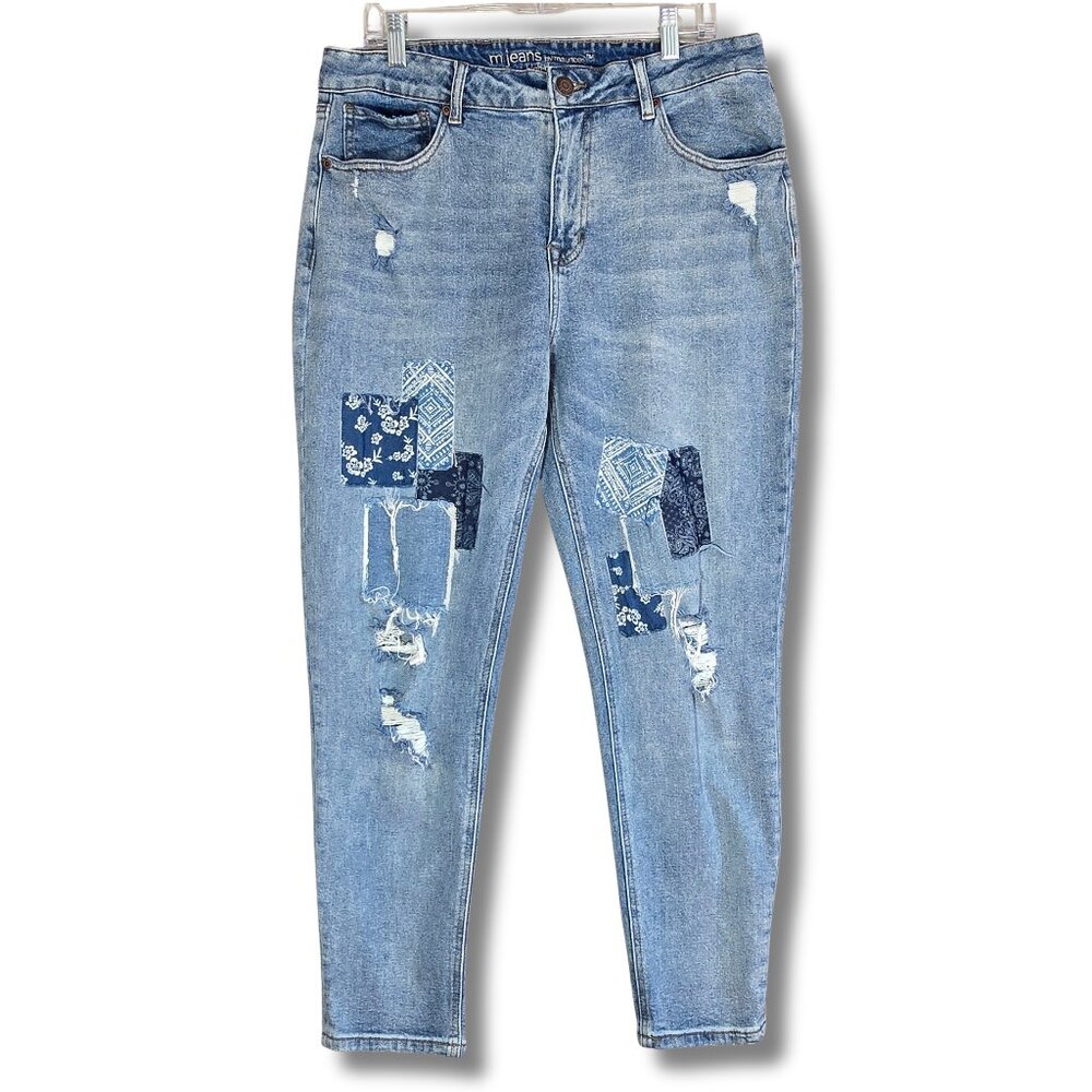 Women's Size 14 Patchwork Distressed High Rise Tapered Jeans MJeans by Maurices